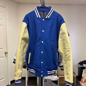 Men's Blue and Cream Varsity Bomber Jacket
